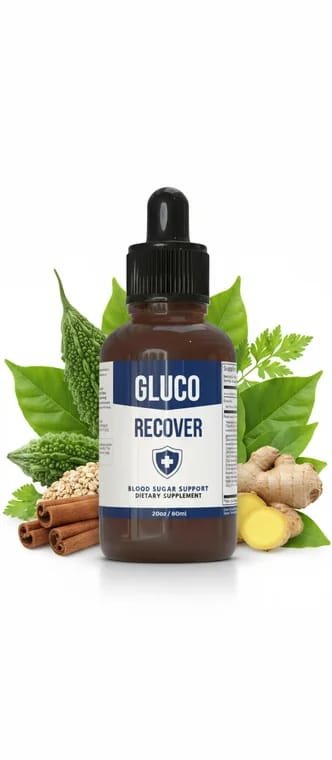 Gluco Recover liquid blood sugar support drops with amber dropper bottle surrounded by botanicals